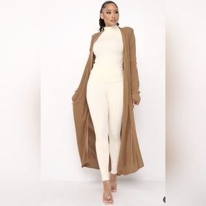 Padded shoulder long sweater duster- mocha